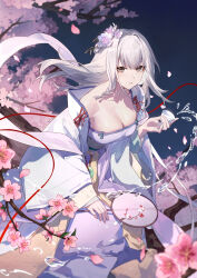 1girl absurdres breasts cherry_blossoms cleavage cup flower hair_flower hair_ornament hand_fan highres holding holding_cup ji_chenxing large_breasts snowbreak:_containment_zone solo white_hair