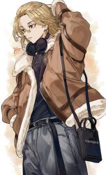 1boy belt black_belt black_eyes blank_eyes blonde_hair bo_1125359 empty_eyes fur-trimmed_jacket fur_trim grey_pants headphones headphones_around_neck highres jacket jewelry long_sleeves male_focus medium_hair necklace pants sano_manjirou swastika tokyo_revengers