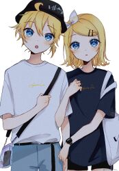 :o bag belt bike_shorts black_hat black_shirt black_shorts blonde_hair blue_eyes bucket_hat character_name clothes_writing commentary_request cowboy_shot cursive denim hat jeans kagamine_len kagamine_rin locked_arms looking_up open_mouth pants phone ponytail pouch shirt short_hair short_ponytail shorts shoulder_bag side-by-side standing t-shirt tono_kabeuchi vocaloid watch white_shirt wristwatch