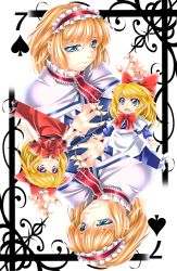 1girl alice_margatroid blonde_hair blue_eyes bow capelet card card_(medium) dress hair_bow hairband highres hourai_doll jewelry playing_card puppet_rings ribbon ring rotational_symmetry shanghai_doll simple_background spade touhou yoiti