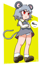 1girl animal_ear_fluff animal_ears blush brown_shoes capelet commentary_request cookie_(touhou) crossed_arms crystal dress english_text flat_chest from_below full_body grey_dress grey_hair highres itini-sanshi jewelry kofji_(cookie) loafers long_sleeves looking_afar mouse_ears mouse_girl mouse_tail nazrin open_mouth panties pendant red_eyes shirt shoes short_dress short_hair simple_background sleeveless sleeveless_dress socks solo standing tail touhou triangle_mouth two-tone_background underwear white_background white_capelet white_panties white_shirt white_socks yellow_background