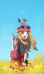 1girl absurdres bag black_shirt blonde_hair blue_eyes fletchling flower gen_6_pokemon handbag hat highres long_hair nintendo pokemon pokemon_(creature) pokemon_xy red_skirt serena_(pokemon) shirt skirt sleepcatz sunglasses v