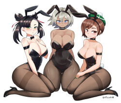 allbeatnik alternate_breast_size bea_(pokemon) breasts gloria_(pokemon) group_picture high_heels large_breasts leotard marnie_(pokemon) nail_polish pantyhose playboy_bunny rabbit_ears rabbit_tail smile white_hair