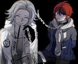 Rule 34 | 2boys, ^ ^, ahoge, animal collar, aotsuki eito, black background, black gloves, black streaks, blue eyes, blue jacket, blush stickers, bound, bound arms, chain, chain leash, clenched teeth, closed eyes, collar, glasses, gloves, grey hair, grey jacket, highres, holding, holding leash, hood, hoodie, jacket, jacket over hoodie, kimfour, leash, looking at viewer, male focus, multicolored hair, multicolored jacket, multiple boys, red hair, short hair, simple background, single blush sticker, smile, split, streaked hair, sumino takumi, teeth, the hundred line -last defense academy-, two-tone jacket, white jacket, yaoi