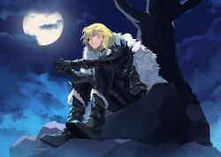 Rule 34 | 1boy, armor, bare tree, black armor, black boots, blonde hair, blue eyes, boots, breastplate, closed mouth, cloud, cloudy sky, commentary, commission, dimitri alexandre blaiddyd, dimitri alexandre blaiddyd (timeskip), english commentary, eyepatch, faulds, fire emblem, fire emblem: three houses, full moon, fur-trimmed boots, fur trim, gauntlets, highres, looking ahead, male focus, medium hair, moon, night, night sky, nintendo, one eye covered, own hands together, pauldrons, rod langhi, shoulder armor, sitting, sky, smile, solo, spiked armor, tree, white fur