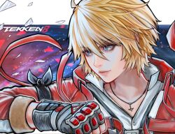 Rule 34 | 1other, absurdres, ai shou, androgynous, artist name, blonde hair, blue background, blue eyes, copyright name, determined, fingerless gloves, gloves, guest art, highres, jacket, jewelry, leo kliesen, letterboxed, looking ahead, necklace, non-web source, official art, other focus, outside border, portrait, red jacket, shirt, short hair, smile, solo, tekken, tekken 8, v-shaped eyebrows, variant set, white shirt