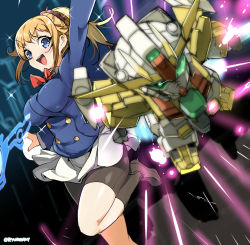 Rule 34 | 10s, 1girl, :d, bike shorts, blue eyes, brown hair, female focus, gundam, gundam build fighters, gundam build fighters try, hands up, hoshino fumina, looking at viewer, naitou ryuu, open mouth, pleated skirt, ponytail, school uniform, skirt, smile, solo, standing, standing on one leg, winning gundam