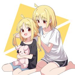 Rule 34 | 2girls, :d, absurdres, age difference, aged down, ahoge, alternate hair length, alternate hairstyle, black shirt, black shorts, blonde hair, blue shorts, blush, bocchi the rock!, breasts, collarbone, detached ahoge, highres, holding, holding stuffed toy, ijichi nijika, ijichi seika, kneeling, long hair, mouth hold, multiple girls, open mouth, parted bangs, red eyes, ribbon, ribbon in mouth, shirt, short hair, short sleeves, shorts, siblings, simple background, sisters, smile, stuffed animal, stuffed rabbit, stuffed toy, triangle background, tying another&#039;s hair, vector (dmlddmld00), white background, white shirt