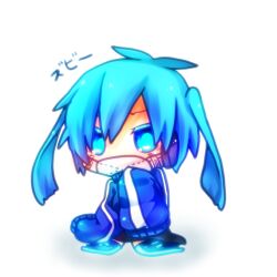 Rule 34 | 1girl, black skirt, black thighhighs, blue eyes, blue hair, blue jacket, ene (kagerou project), glowing, jacket, kagerou project, lowres, mask, mouth mask, purin9987, simple background, skirt, solo, surgical mask, thighhighs, twintails, white background