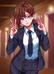1girl black_jacket black_necktie black_pants brown_eyes brown_hair chainsaw_man collared_shirt commentary door double_v english_commentary formal_clothes hair_ornament hairclip higashiyama_kobeni highres indoors jacket looking_at_viewer necktie pant_suit pants pixel_art ponytail shirt shirt_tucked_in short_ponytail solo suit suit_jacket sweat v white_shirt yumykon
