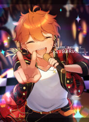 1boy absurdres akehoshi_subaru belt black_gloves blurry blurry_background character_name closed_eyes dated ensemble_stars! facing_viewer fingerless_gloves gloves hair_between_eyes happy_birthday highres holding holding_microphone jacket male_focus microphone nanana_(mashumaronanana) open_clothes open_jacket open_mouth orange_belt orange_hair red_jacket short_hair single_fingerless_glove single_glove smile solo sweat teeth upper_teeth_only v