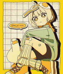 1girl ahoge animal bandaid bird blonde_hair blush border brown_shoes brown_shorts chromatic_aberration closed_mouth dot_nose duck eyelashes fried_egg full_body green_jacket hair_ornament highres jacket leg_warmers long_hair long_sleeves looking_at_viewer mayoi_zzz original outside_border screentones shoes shorts solo twitter_username white_leg_warmers yellow_border yellow_eyes