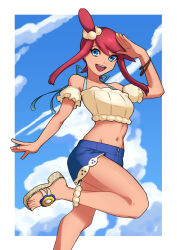 Rule 34 | 1girl, bare shoulders, blue eyes, blue sky, breasts, cloud, crop top, detached sleeves, long hair, looking at viewer, midriff, nintendo, pokemon, pokemon bw, pokemon masters ex, red hair, sandals, short sleeves, shorts, sky, skyla (pokemon), skyla (summer 2025) (pokemon), spottylen, standing, standing on one leg, teeth, upper teeth only
