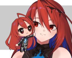 1girl :3 ahoge bare_shoulders black_shirt blue_fire blue_hair bodysuit chibi clone colored_inner_hair elizabeth_rose_bloodflame smol_erb fire grey_background hair_between_eyes hand_on_another&#039;s_cheek hand_on_another&#039;s_face headdress headshot hololive hololive_english huge_ahoge kiko_(kikobooom) lace_headwear long_hair looking_to_the_side multicolored_hair red_eyes red_hair shirt size_difference skeleton_print smile standing_on_another&#039;s_shoulder virtual_youtuber white_background