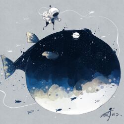 1other animal_focus artist_name astronaut backpack bag closed_eyes commentary fish floating flying_fish full_body gloves grey_background helmet highres kazunoko_(kazunoko_zunoco) looking_at_animal original puffer_fish radio_antenna signature simple_background space space_helmet spacesuit star_(sky) tether white_gloves