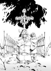 2boys aged_down bartz_klauser belt boots coat cross dorgann_klauser family father_and_son final_fantasy final_fantasy_v flower footsteps gate grave greyscale hood iuko male_focus monochrome multiple_boys ponytail rock snow twig