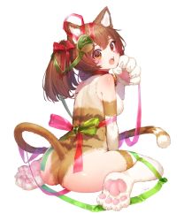 1girl 1up animal_ears ass back bare_shoulders bell blush body_fur breasts brown_eyes brown_hair cat_ears cat_tail claws collar cursive english_text female_focus food-themed_hair_ornament from_behind full_body furry furry_female green_ribbon hair_between_eyes hair_ornament hair_ribbon hand_up head_tilt highres jingle_bell looking_at_viewer looking_back mario_(series) medium_breasts medium_hair merry_christmas mushroom_hair_ornament neck_bell nintendo on_floor open_mouth original paw_pose red_collar red_ribbon ribbon ryota_(ry_o_ta) see-through_clothes shiny_skin shoulder_blades signature simple_background sitting solo tail twintails wariza when_you_see_it white_background