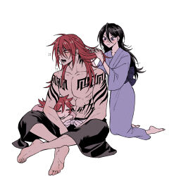 Rule 34 | 1boy, 2girls, abarai ichika, abarai renji, amugonagurim, black hair, bleach, bleach: epilogue, closed eyes, closed mouth, father and daughter, hair between eyes, highres, holding, husband and wife, japanese clothes, kimono, kuchiki rukia, long hair, multiple girls, open mouth, ponytail, purple eyes, purple kimono, red hair, simple background, smile, tattoo, tying hair, white background