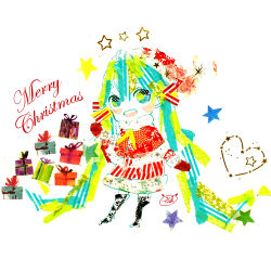 1girl abstract aqua_eyes aqua_hair black_boots blonde_hair blush boots box capelet cathinthecloud chibi coat commentary english_commentary fur-trimmed_coat fur_trim gift gift_box hair_between_eyes hat hatsune_miku knee_boots long_hair masking_tape_(medium) merry_christmas mittens multicolored_hair open_mouth red_capelet red_coat red_mittens santa_costume santa_hat signature solo star_(symbol) teeth two-tone_hair unconventional_media upper_teeth_only very_long_hair vocaloid white_background
