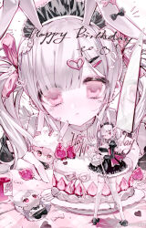 1girl absurdres animal_ears bow cake dress drowsyww food fruit hair_ornament hairclip heart highres holding long_hair looking_at_viewer maid maid_headdress original pink_eyes rabbit_ears ribbon strawberry thighhighs twintails white_hair