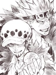 2boys black_hair earrings eustass_kid facial_hair finger_tattoo fur_trim greyscale hat highres jewelry looking_at_viewer monochrome multiple_boys one_piece short_hair sketch smile spiked_hair sukeno_yoshiaki tattoo trafalgar_law