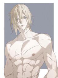Rule 34 | 1boy, abs, blonde hair, blue eyes, border, broad shoulders, closed mouth, collarbone, dimitri alexandre blaiddyd, dimitri alexandre blaiddyd (timeskip), fire emblem, fire emblem: three houses, hair between eyes, highres, looking to the side, lynnn28208524, male focus, multiple scars, nintendo, nipples, no eyepatch, nude, one eye covered, outside border, pectorals, scar, scar across eye, scar on arm, scar on chest, scar on face, scar on neck, scar on shoulder, sideways glance, solo, white border