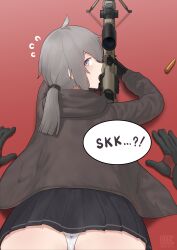1girl 1other ^^^ absurdres ass bipod black_gloves black_skirt bolt_action brown_jacket cheytac_m200 chinese_commentary commentary_request dated english_text from_above from_behind girls&#039;_frontline gloves gogo_(gogo_23) grey_hair gun highres holding holding_gun holding_weapon hood hood_down hooded_jacket jacket looking_back low_ponytail lying m200_(girls&#039;_frontline) miniskirt on_stomach open_mouth panties ponytail pov purple_eyes rifle scope shell_casing signature simple_background skirt sniper_rifle speech_bubble underwear weapon white_panties