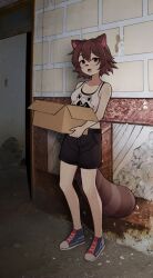 1girl animal_ears bandaid bandaid_on_face bandaid_on_nose bare_arms black_shorts box brown_hair brown_tail camisole commentary_request highres holding holding_box indie_virtual_youtuber logo_print looking_at_viewer multicolored_shoes raccoon_ears raccoon_girl raccoon_tail raised_eyebrows rakkun_sutaru red_eyes shoes short_hair shorts smile sneakers spanish_commentary stipitoon tail tomboy virtual_youtuber white_camisole