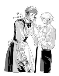 2boys alternate_costume apron ascot blood blood_on_clothes blood_on_face blush bow chinese_text cowboy_shot cropped_legs crossdressing dirty dirty_face elf enmaided eye_contact frilled_apron frilled_sleeves frills from_side greyscale hair_between_eyes hand_up highres injury long_sleeves looking_at_another maid maid_apron maid_headdress male_focus monochrome multiple_boys original pants pointy_ears profile puffy_sleeves qyzhiaiyisheng short_hair simple_background waist_apron white_background
