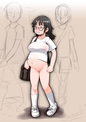 1girl bag black_hair blush bookbag bottomless breasts cleft_of_venus glasses j7w loli nipples no_panties oppai_loli outie_navel pregnant pregnant_loli public_indecency pussy shirt shoes sneakers t-shirt tagme