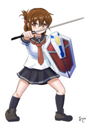 Rule 34 | 1girl, akashieru, black sailor collar, black skirt, black socks, brown eyes, brown hair, brown shoes, commentary request, denkou choujin gridman, folded ponytail, full body, highres, inazuma (kancolle), kantai collection, loafers, long hair, long sleeves, looking at viewer, neckerchief, one-hour drawing challenge, parody, pleated skirt, red neckerchief, sailor collar, sailor shirt, shield, shirt, shoes, simple background, skirt, socks, solo, standing, sword, weapon, white background, white shirt