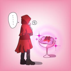 2girls ? bandaged_leg bandages boots brown_footwear cloak cushion full_body hood hood_up hooded_cloak laetitia_(project_moon) little_red_riding_hooded_mercenary lobotomy_corporation multiple_girls pedestal pink_background project_moon red_cloak shadow sparkle spoken_egg spoken_question_mark standing the_red_shoes_(project_moon) tomatomari