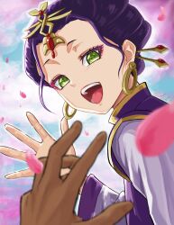 1girl chinese_clothes curly_sidelocks earrings falling_petals hair_ornament hairpin hanfu head_ornament hidede34558526 jewelry kusuriya_no_hitorigoto long_sleeves looking_at_viewer loulan_(kusuriya_no_hitorigoto) multiple_hairpins open_hand open_mouth petals purple_hair purple_hanfu sidelocks simple_background waving yellow_eyes