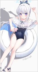 1girl absurdres artist_name blue_archive blue_halo blue_one-piece_swimsuit bow cameltoe collarbone covered_navel frilled_one-piece_swimsuit frills hair_bow halo highres holding holding_phone innertube long_hair looking_at_viewer luo_shu miyako_(blue_archive) miyako_(swimsuit)_(blue_archive) official_alternate_costume official_alternate_hairstyle one-piece_swimsuit parted_lips phone ponytail purple_eyes shadow simple_background solo swim_ring swimsuit thighs very_long_hair wet wet_clothes white_background white_hair