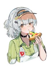 1girl anby_demara anby_demara_(operation_yum_2025) arin_(1010_ssu) black_choker choker collared_shirt eating food green_shirt grey_hair highres holding holding_food holding_pizza looking_at_viewer multicolored_eyes official_alternate_costume pizza shirt short_hair two-tone_eyes upper_body visor_cap zenless_zone_zero