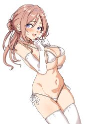 1girl :d bikini blue_eyes blush breasts brown_hair gakuen_idolmaster gloves hands_up highres himesaki_rinami idolmaster large_breasts long_hair looking_at_viewer navel open_mouth paid_reward_available seihekiog side-tie_bikini_bottom simple_background smile solo stomach swimsuit thighhighs underboob white_background white_bikini white_gloves white_thighhighs