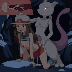 1boy 1girl absurdres all_fours bare_shoulders blush breasts brown_eyes brown_hair cave cave_interior clothed_sex clothes_lift colored_skin cross-section cum cum_in_pussy doggystyle ejaculation excessive_cum gen_1_pokemon hand_on_another&#039;s_head hat hetero highres hoshi_wo_miru interspecies leaf_(pokemon) legendary_pokemon loli long_hair mewtwo miniskirt nintendo nipples no_bra open_mouth penis pokemon pokemon_(creature) pokemon_frlg pokephilia purple_eyes purple_skin red_skirt sex sex_from_behind shirt_lift skirt skirt_lift small_breasts tail uncensored uterus vaginal white_hat