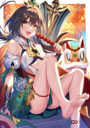 Rule 34 | 1girl, :d, absurdres, armpit crease, bare legs, bare shoulders, barefoot, blue sky, border, commentary request, detached sleeves, diting (honkai: star rail), feet, foot out of frame, fuyuki (neigedhiver), grey hair, hair between eyes, hair ornament, hairclip, headpiece, highres, holding, honkai: star rail, honkai (series), knees up, legs, long hair, looking at viewer, low twintails, nail polish, open mouth, outside border, partial commentary, planted, planted sword, planted weapon, red nails, short sleeves, sky, smile, soles, solo, sunlight, sword, tanghulu, tassel, toenail polish, toenails, toes, tree, twintails, weapon, white border, yellow eyes, yunli (honkai: star rail)