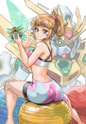 Rule 34 | 1girl, ass, bike shorts, blue eyes, breasts, brown hair, commentary, dated, english commentary, gundam, gundam build fighters, gundam build fighters try, highres, hoshino fumina, large breasts, looking at viewer, looking back, mecha, midriff, okrdisk2000, ponytail, robot, scrunchie, short hair, smile, sports bra, two-tone sports bra, waving, winning gundam