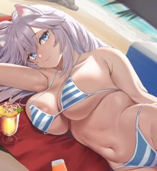 1girl :3 animal_ears areola_slip beach bikini blue_eyes breasts breasts_day collarbone day drink dutch_angle fur good_breasts_day highres large_breasts long_hair lying moisture_(chichi) navel on_side sand solo striped_bikini striped_clothes swimsuit vei_(vtuber) vei_(vtuber)_(8th_costume) virtual_youtuber vshojo water white_hair