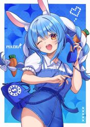 1girl ;d animal_ear_fluff animal_ears antique_phone bag belt blue_background blue_belt blue_camisole blue_hair blue_nails blue_skirt blush border braid camisole carrot_hair_ornament chameleon_(chameleon0613) character_name collared_shirt corded_phone cowboy_shot denim denim_skirt food-themed_hair_ornament frilled_camisole frilled_sleeves frills hair_between_eyes hair_ornament hair_ribbon heart holding holding_phone hololive long_hair looking_at_viewer multicolored_hair nail_polish one_eye_closed open_mouth orange_eyes phone pixel_heart puffy_short_sleeves puffy_sleeves rabbit_ears rabbit_girl ribbon rotary_phone see-through_clothes shirt short_sleeves shoulder_bag sidelocks skirt smile solo teeth thick_eyebrows tress_ribbon twin_braids two-tone_hair upper_teeth_only usada_pekora virtual_youtuber white_border white_hair white_shirt