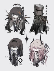 Rule 34 | 1boy, 3girls, arknights, black eyes, black gloves, black hair, black hairband, black halo, black horns, black pantyhose, blunt bangs, broken halo, cannot goodenough, cloak, closed mouth, commentary, covered face, deformed, detached wings, diamond (shape), dress, energy wings, full body, gloves, grey background, hair between eyes, hairband, halo, helmet, horns, light smile, long hair, long sleeves, looking at viewer, miniskirt, mole, mole under eye, multiple girls, pantyhose, pink eyes, pink hair, potettoe, priestess (arknights), prts logo (arknights), simple background, skirt, standing, tentacles, theresa (arknights), very long hair, virtuosa (arknights), white dress, wings