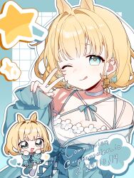 1girl :d :q animal_ears aqua_background aqua_eyes bare_shoulders blonde_hair blue_bow blue_dress blue_hair border bow breasts chibi chibi_inset choker cleavage closed_mouth collarbone colored_inner_hair commentary commission criss-cross_halter dated dress dress_flower earrings english_commentary extra_ears flower flower_earrings flower_in_eye four-pointed_star frilled_sleeves frills grid_background hair_intakes halterneck hand_up heart highres jewelry light_blush long_sleeves looking_at_viewer multicolored_hair off-shoulder_dress off_shoulder one_eye_closed open_mouth original orphaneater_io outline outside_border puffy_long_sleeves puffy_sleeves shooting_star_(symbol) short_hair single_earring sleeves_past_wrists small_breasts smile star_(symbol) symbol_in_eye tongue tongue_out twitter_username two-tone_dress two-tone_hair v white_choker white_dress white_flower white_outline