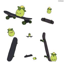 closed_mouth commentary creatures_(company) english_commentary full_body game_freak lying multiple_views nintendo no_humans o_o on_stomach open_mouth pokemon pokemon_(creature) rekcmas simple_background skateboard skateboarding smoliv twitter_username wavy_mouth white_background
