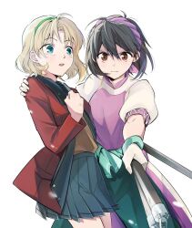 2girls blonde_hair breasts brown_eyes brown_hair closed_mouth gensou_suikoden gensou_suikoden_ii green_eyes hairband heart highres long_hair looking_at_viewer multiple_girls nanami_(suikoden) nina_(suikoden) open_mouth own_hands_together school_uniform short_hair simple_background skirt small_breasts three_section_staff weapon white_background