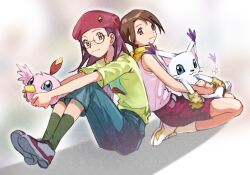 2girls bandana bandana_around_neck blue_eyes blue_pants body_fur brown_eyes brown_hair cat digimon digimon_(creature) digimon_adventure_02 feathers full_body glasses group_picture highres inoue_miyako long_hair looking_at_viewer multiple_girls pants pink_feathers pink_shirt poromon purple_hair red_shorts round_eyewear shirt short_hair shorts tail tail_ornament tail_ring tailmon watermark white_fur yagami_hikari yellow_bandana yue_da02ren