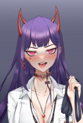absurdres akuma_nihmune akuma_nihmune_(1st_costume) blunt_bangs blush breast_pocket breasts cleavage collar collarbone collared_shirt commentary ear_piercing earrings english_commentary facial_tattoo hair_ornament hairclip heart heart_tattoo highres horns indie_virtual_youtuber jewelry large_breasts leash lips long_hair looking_at_viewer loose_necktie mole mole_under_eye multiple_piercings necklace necktie neon_luminous open_mouth piercing pink_eyes pocket red_collar red_horns shirt signature tattoo teeth tongue tongue_out upper_body upper_teeth_only virtual_youtuber white_shirt