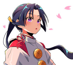 1boy :o bow cropped_shoulders falling_petals floating_hair houjou_tokiyuki_(nige_jouzu_no_wakagimi) japanese_clothes kariginu long_hair male_focus nige_jouzu_no_wakagimi open_mouth parted_bangs petals pink_petals purple_eyes sanamaru_(sana79261827) sidelocks_tied_back simple_background solo very_long_hair white_background