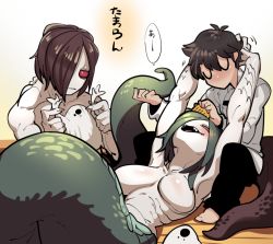 1boy 2girls arms_around_neck artist_name black_hair blush breasts breasts_apart brown_hair chaldea_uniform claws closed_eyes clothed_male_nude_female commentary commentary_request closed_eyes fangs fate/grand_order fate_(series) fujimaru_ritsuka_(male) gills green_hair hair_brush brushing_hair hand_on_another&#039;s_head jacket lamia lamia_(fate) large_breasts looking_at_another looking_up monster monster_girl multiple_girls muscular muscular_female naga_(fate) no_mouth no_nipples nude open_mouth pants red_eyes scales short_hair sido_(slipknot) simple_background speech_bubble tail u_u white_background