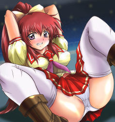 1girl 36shiri arms_behind_head blush boots bow breasts female_focus hair_bow imminent_rape large_breasts long_hair mitsurugi_ryouko panties ponytail purple_eyes real_bout_high_school red_hair school_uniform serafuku skirt solo spread_legs thighhighs underwear upskirt white_panties white_thighhighs